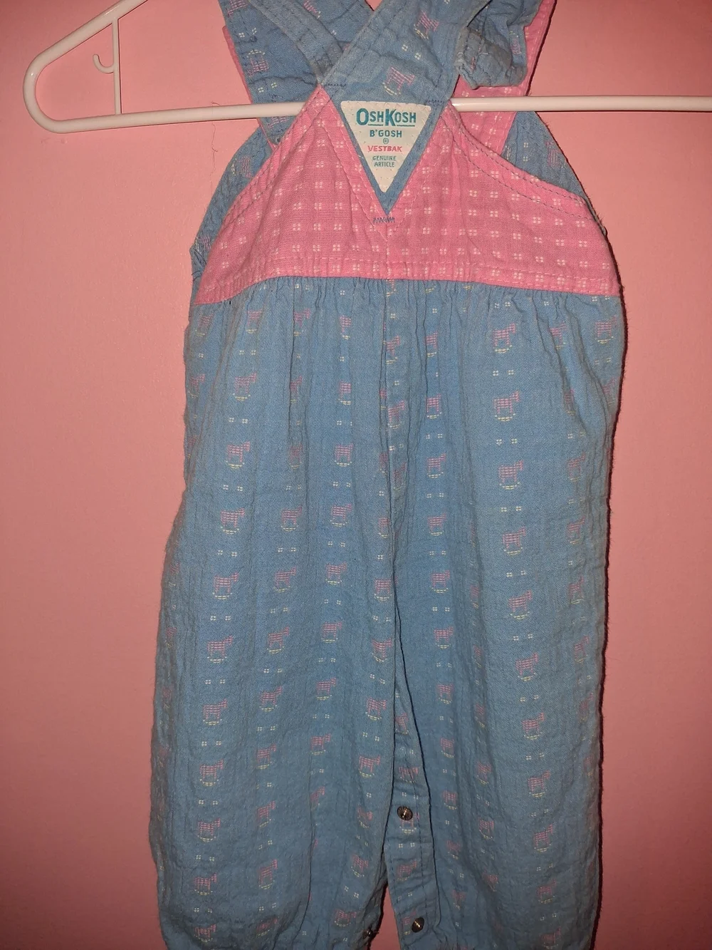 Vtg 80s OshKosh Overalls sz 12M Bubble Pink Blue Rocking Horse Bows Pink Vestbac